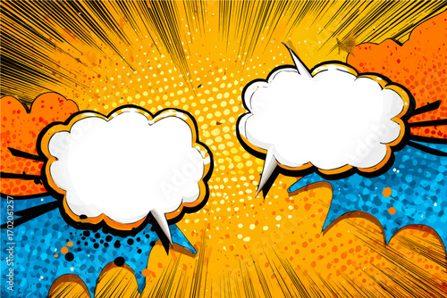 Colorful comic book pop art background with blank speech bubbles for inserting custom messages and retro halftone effects