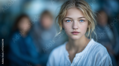 Wallpaper Mural Girl with intense blue eyes centered in frame, white shirt reflecting soft light, blurred silhouettes of people creating dreamy bokeh in background Torontodigital.ca