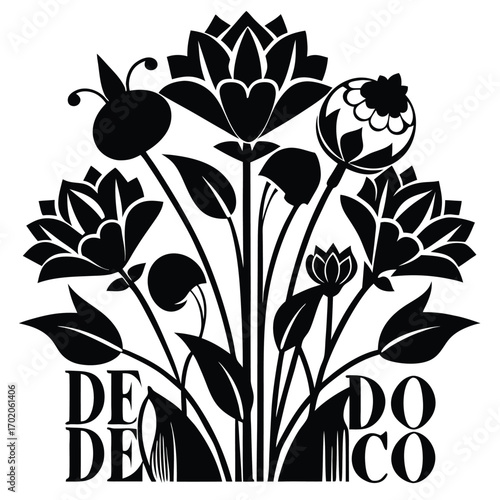 Elegant Floral Design with DE DE and DO CO Text in Black and White
