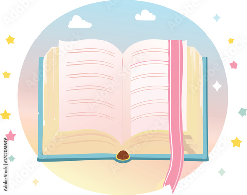  Illustration of an open book with blank pages and a pink ribbon bookmark.  This image is perfect for websites, blogs, or social media related to storytelling, reading, fantasy, education, or children
