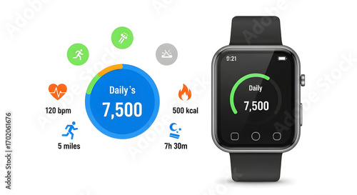 Flat design illustration of a modern smartwatch showcasing comprehensive daily fitness tracking data, like steps, calories, heart rate, and sleep, for a healthy active lifestyle