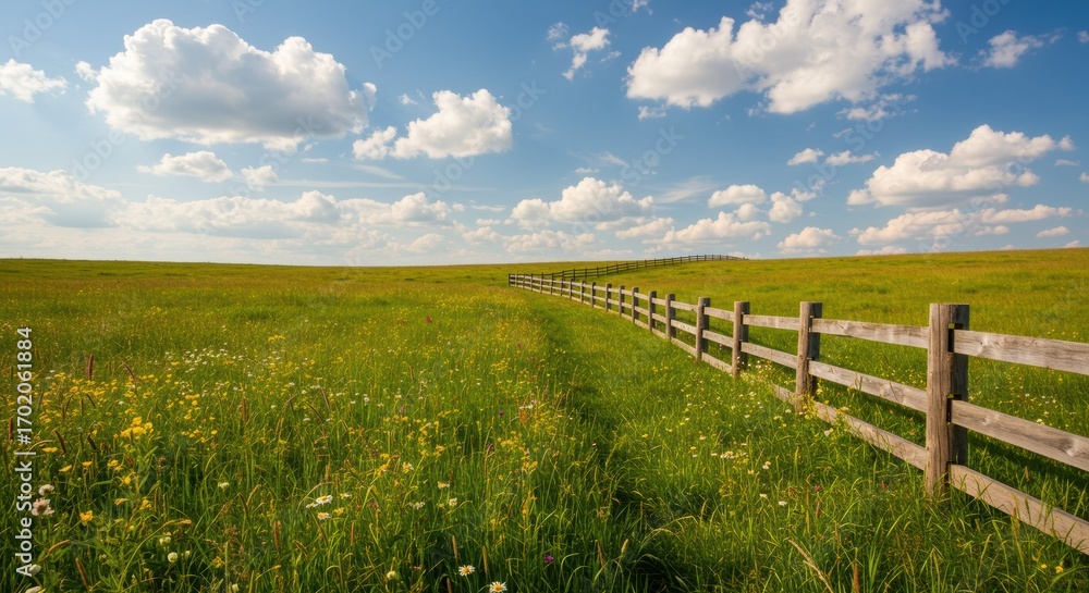 Fototapeta premium Lush Green Meadow with Wooden Fence Under a Bright Blue Sky with Fluffy Clouds and Sunlight