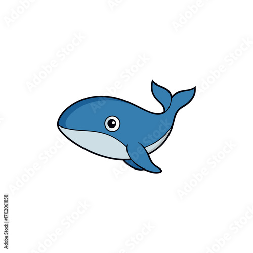 Cartoon blue whale with white belly patch on transparent background