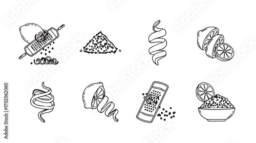 Collection of eight hand drawn black and white food ingredient silhouettes silhouette