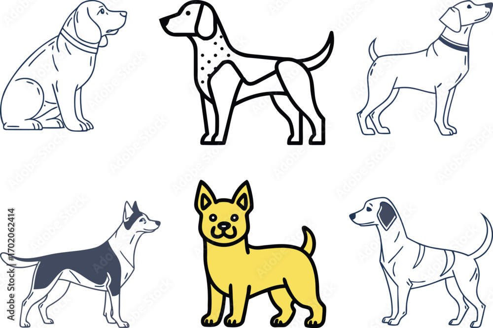 Obraz premium Six stylized dog illustrations in outline and flat color dogs canine