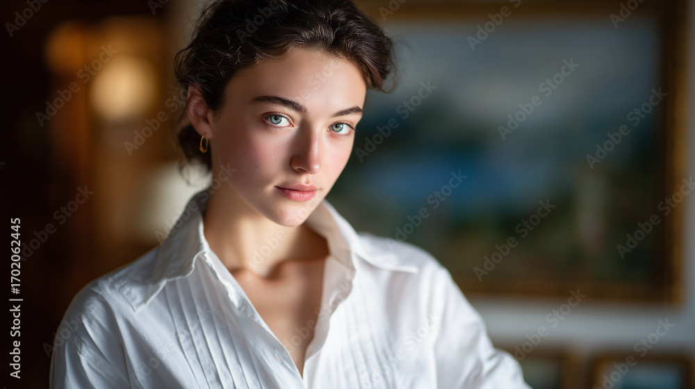 Fototapeta premium Elegant portrait of a young woman, neutral expression, white shirt softly lit by morning light, soft shadows adding depth and sophistication