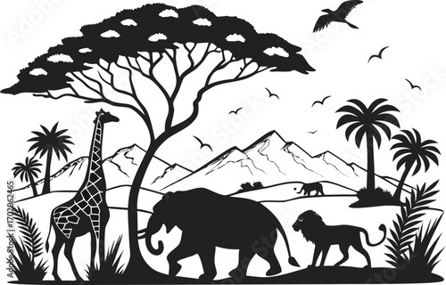 African savanna landscape with elephant giraffe lion and birds silhouette