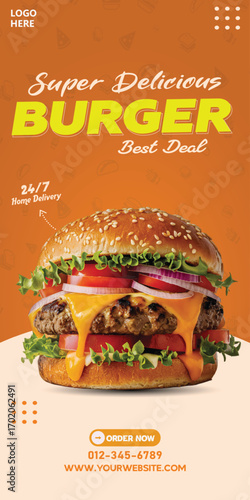 Delicious Burger Promotion Vertical Banner: Social Media Ad for Fast Food Restaurant, with Delivery and Deals. his vibrant, eye-catching advertisement is ideal for fast food restaurants.