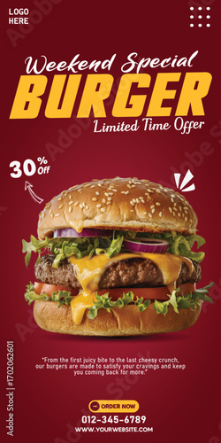 Gourmet Burger Weekend Special Vertical Banner: Limited Time Ad with 30% Off Offer. Perfect for social media stories and posts, this ad is designed to drive sales and create a sense of urgency.