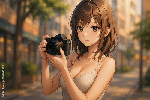 茶髪の女性 カメラ 撮影 萌え絵 イラスト.jpg