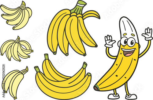 Cartoon banana bunch and waving banana character illustration fruit yellow