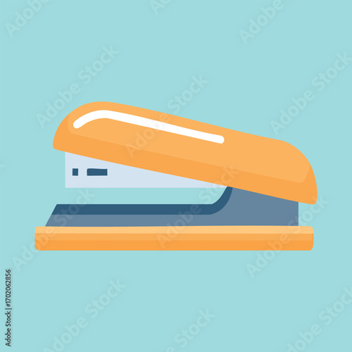 A simple, minimalist illustration of an orange stapler with a blue-gray base, set against a light blue background. This vector art is perfect for office supply websites, stationery blogs, or education