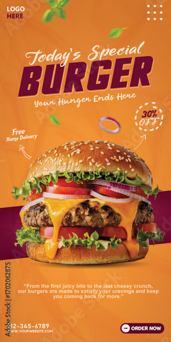 A professional and vibrant burger vertical banner for social media stories and posts to attract customers and boost online sales.