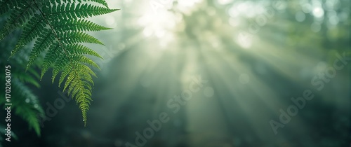 Fern frond with sunlight streaming through the trees in a misty forest creating a serene and peaceful natural environment