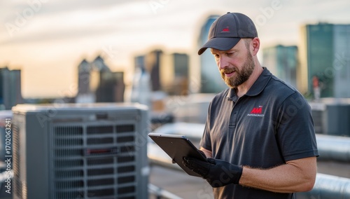 HVAC Technician Inspecting Rooftop Unit with Tablet