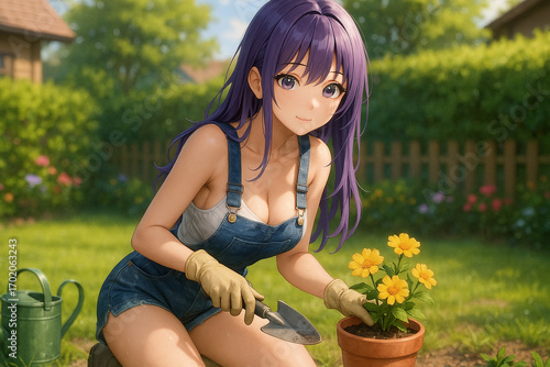  庭でガーデニングをする紫髪の日本人成人女性サロペット姿.jpg
