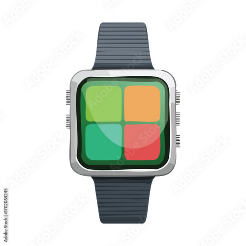 An illustration of a modern smartwatch with a sleek, metallic silver frame and a dark blue band. Ideal for blogs, e-commerce sites, and articles focused on wearable technology, smart devices. 