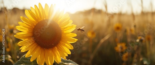 Close up of a vibrant sunflower with a bee flying nearby in a field bathed in warm sunlight during a beautiful summer day