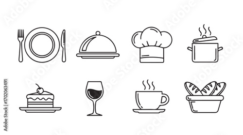 Collection of restaurant and food icons in a simple line drawing silhouette style