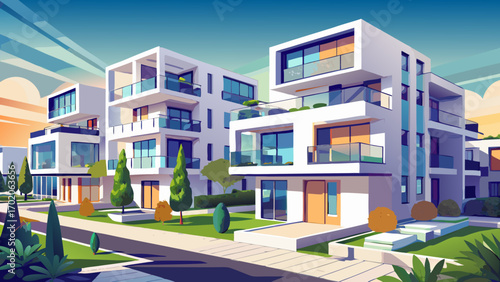 Modern European complex of apartment buildings, sleek white facades with glass balconies, landscaped courtyards, and minimalist lighting, combining urban sophistication with functional design and natu