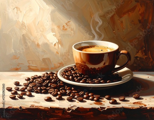 A warm, inviting still life features a steaming cup of espresso atop a bed of roasted coffee beans, bathed in natural light.
