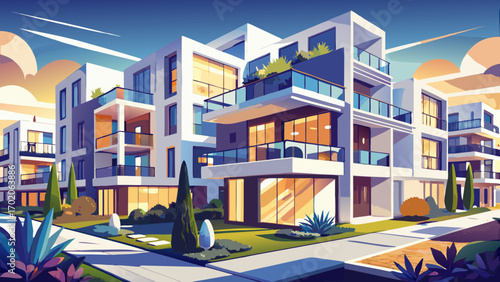 Modern European complex of apartment buildings, sleek white facades with glass balconies, landscaped courtyards, and minimalist lighting, combining urban sophistication with functional design and natu