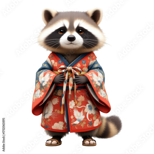 Cute Raccoon in Traditional Japanese Kimono with Floral and Crane Patterns.