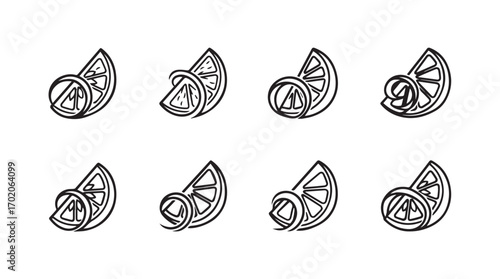 Eight hand drawn black and white citrus fruit slices with peel twists silhouette