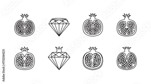 Collection of stylized pomegranate halves and diamond shapes in a distressed silhouette style