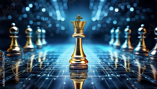 a striking golden chess piece stands amongst interconnected silver pieces symbolizing strategy and innovation in a digital landscape