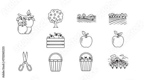 Collection of hand drawn farm and garden elements in a sketch silhouette style