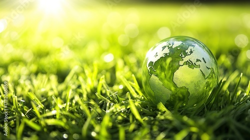 A small globe resting on lush green grass, symbolizing environmental awareness and global unity.