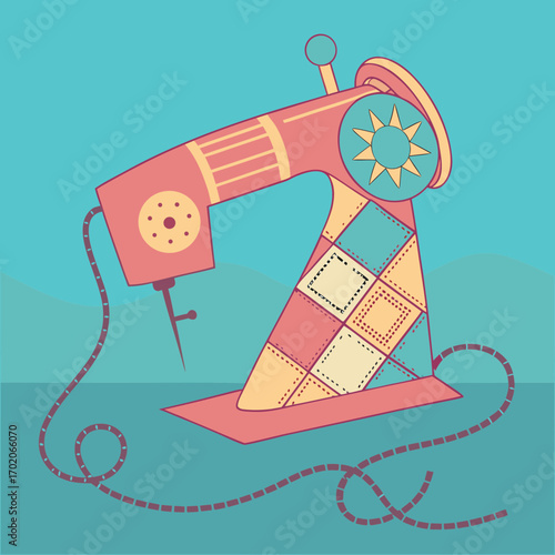 Vintage sewing machine with colorful patches on teal background  