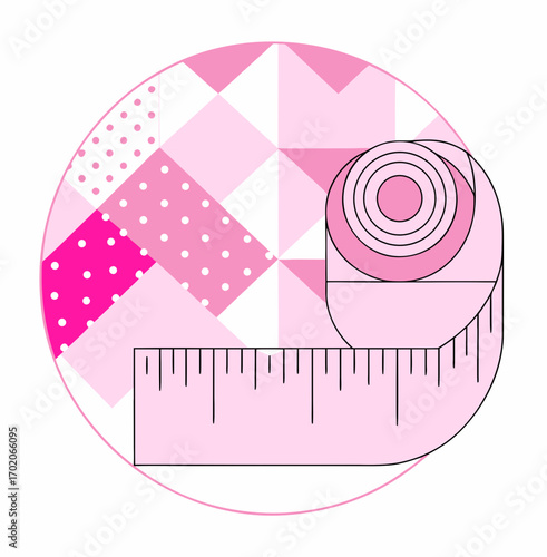 Measuring tape and ruler on pink patchwork background  