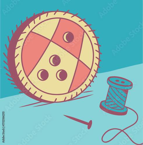 Colorful sewing spool and button on turquoise background  