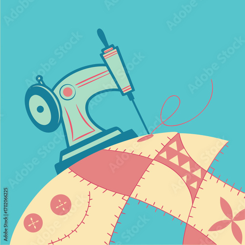 Vintage sewing machine stitching colorful patchwork quilt  