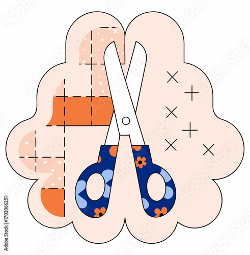 Scissors with patterned handles on a colorful background illustration  