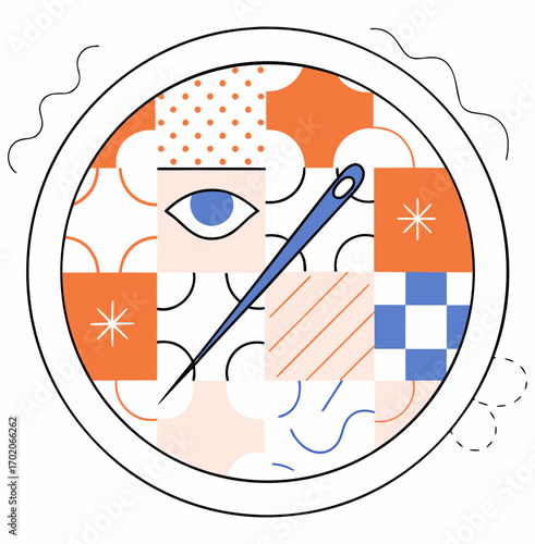 Abstract sewing design with needle and colorful patchwork patterns  