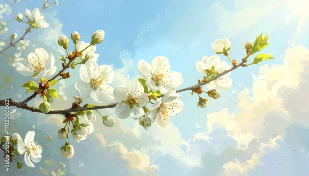 Fototapeta premium White Cherry Blossoms Branch Against a Blue Sky A Springtime Scene