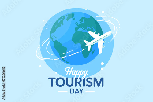 Happy tourism day vector illustration, globe with airplane design, decorative travel celebration art, modern holiday concept graphics, global journey theme