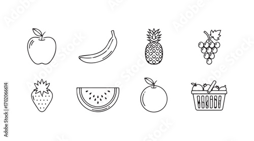 Collection of hand drawn fruit icons in a simple line art silhouette style