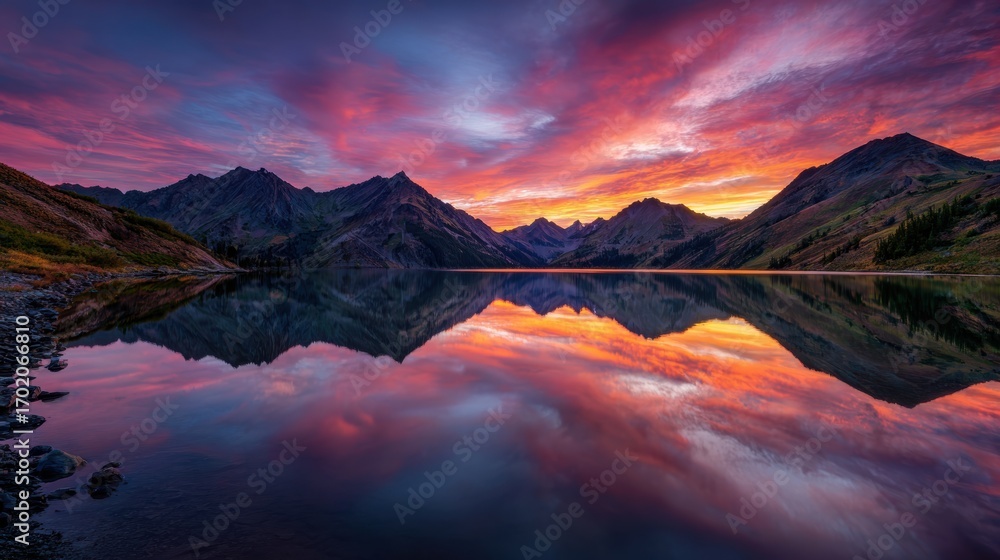 Obraz premium Beautiful sunset over calm mountain lake with dramatic colorful clouds reflecting in the water.