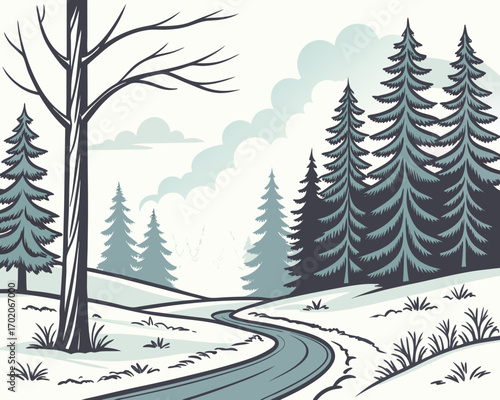 seamless winter forest landscape. endless parallax game background with snowy fir, trees, snow drifts, road and cloudy sky. cartoon woodland illustration. horizontal scenic winter panorama for ... See