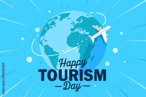 World tourism day vector design, airplane flying around globe, global travel celebration illustration, decorative holiday art, modern journey theme graphics