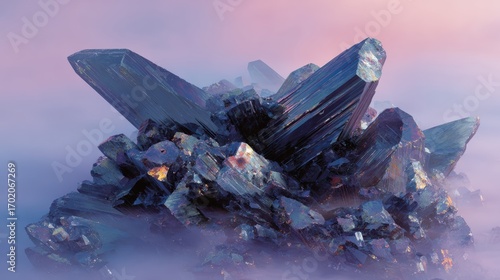 Wallpaper Mural Crystal cluster with sharp facets in purple and blue tones with mist Torontodigital.ca