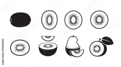 Collection of whole and sliced kiwi fruit in a distinctive silhouette style