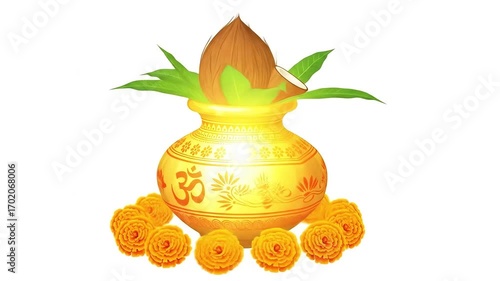 Image is a digital illustration featuring a traditional Hindu kalash, a decorative pot used in religious rituals. The kalash is golden with intricate red patterns and designs, including floral motifs 