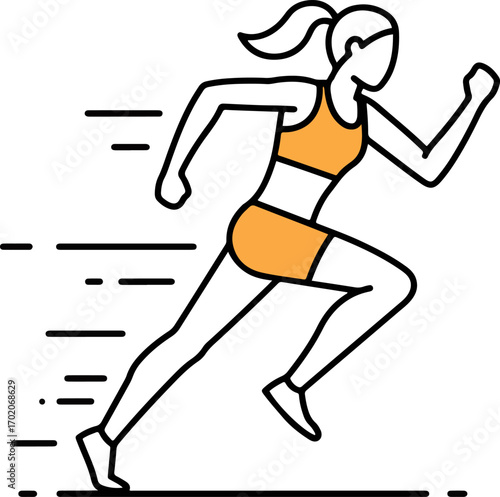 Minimalist Outline Colored Female Runner Sprinting Speed Line Art Illustration