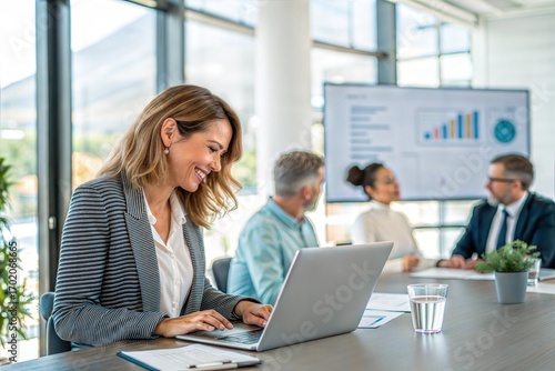 Female executive using laptop during a presentation