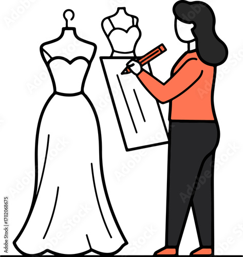 Minimalist Line Art Fashion Designer Sketching Wedding Dress Illustration